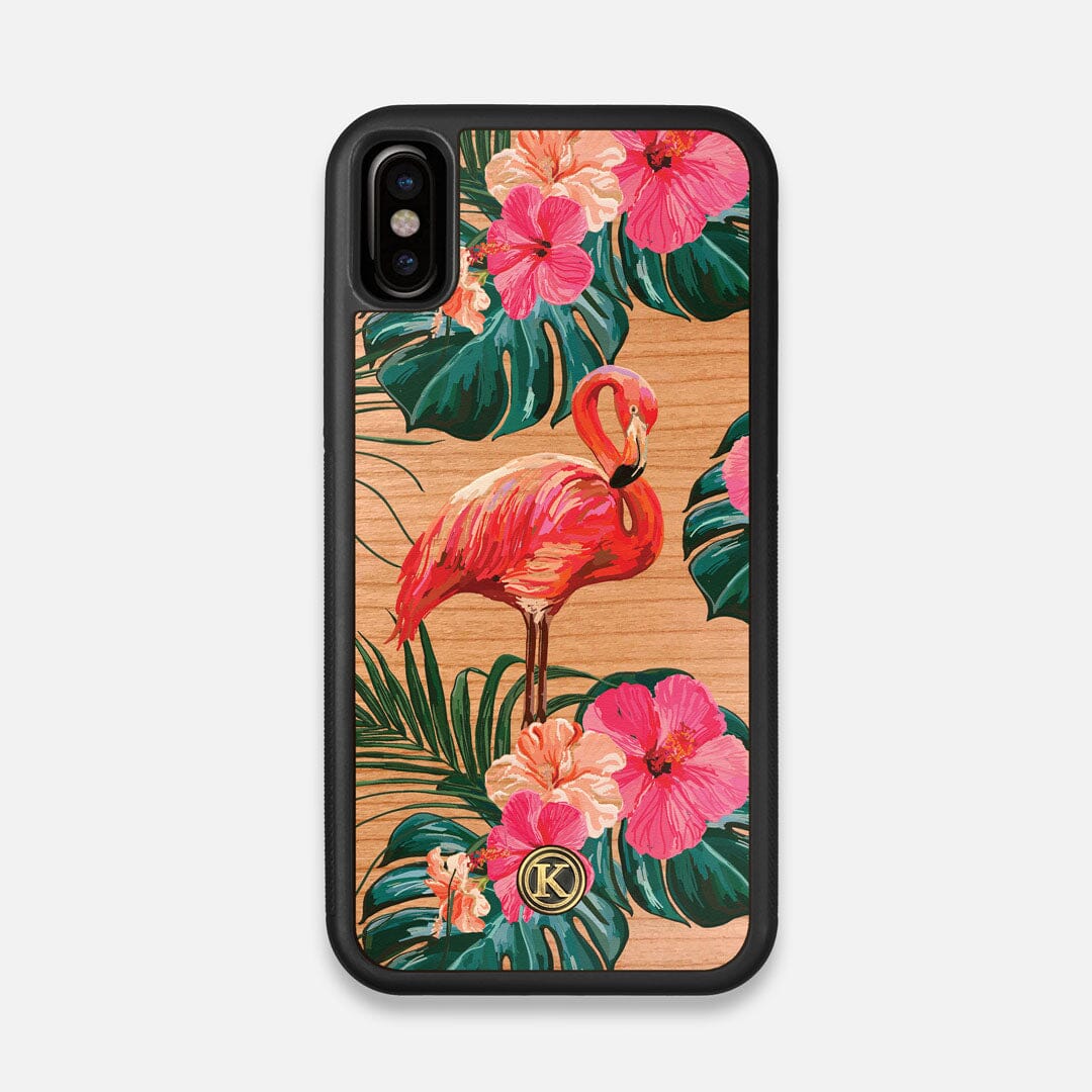 Front view of the Flamingo & Floral printed Cherry Wood iPhone X Case by Keyway Designs