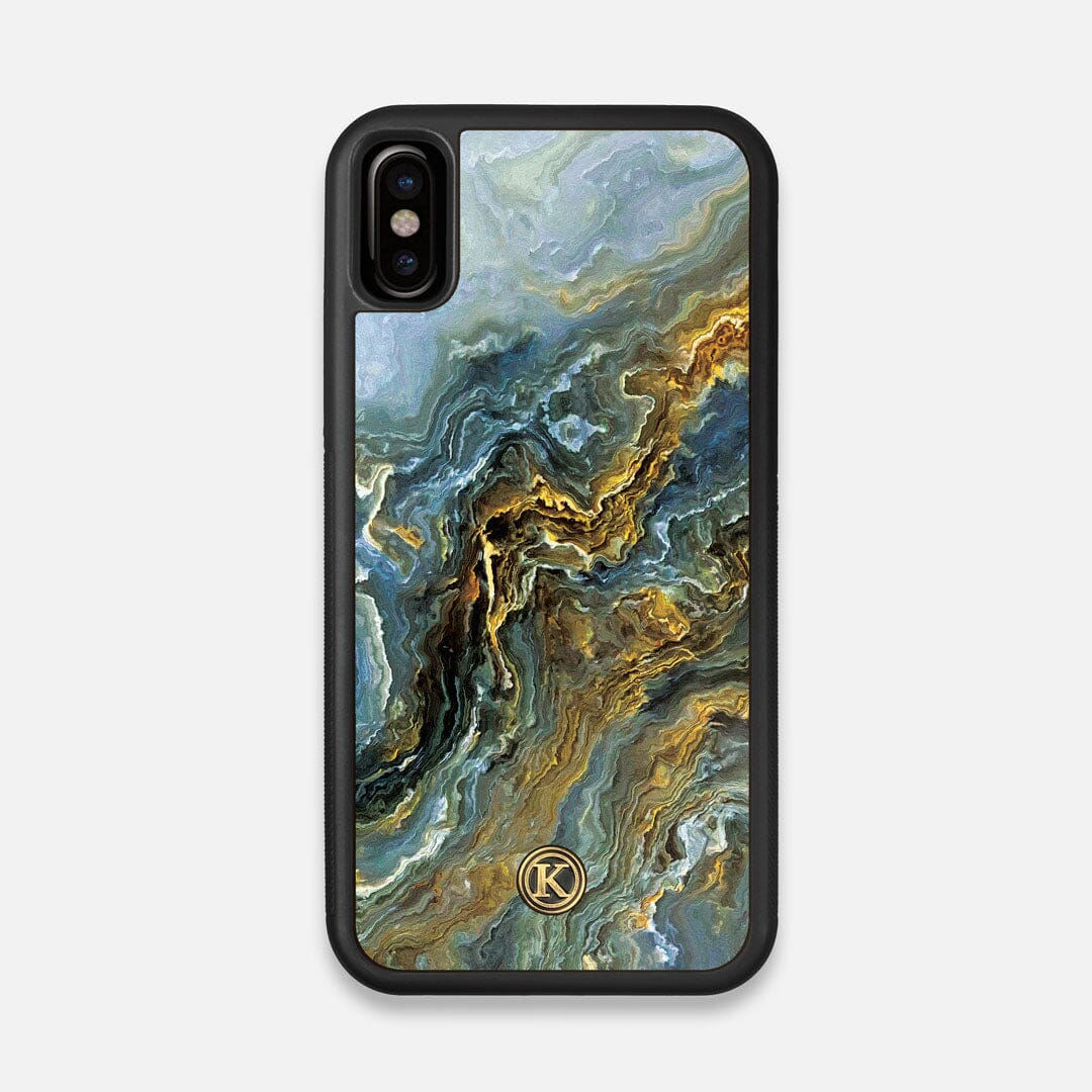 Front view of the vibrant and rich Blue & Gold flowing marble pattern printed Wenge Wood iPhone X Case by Keyway Designs