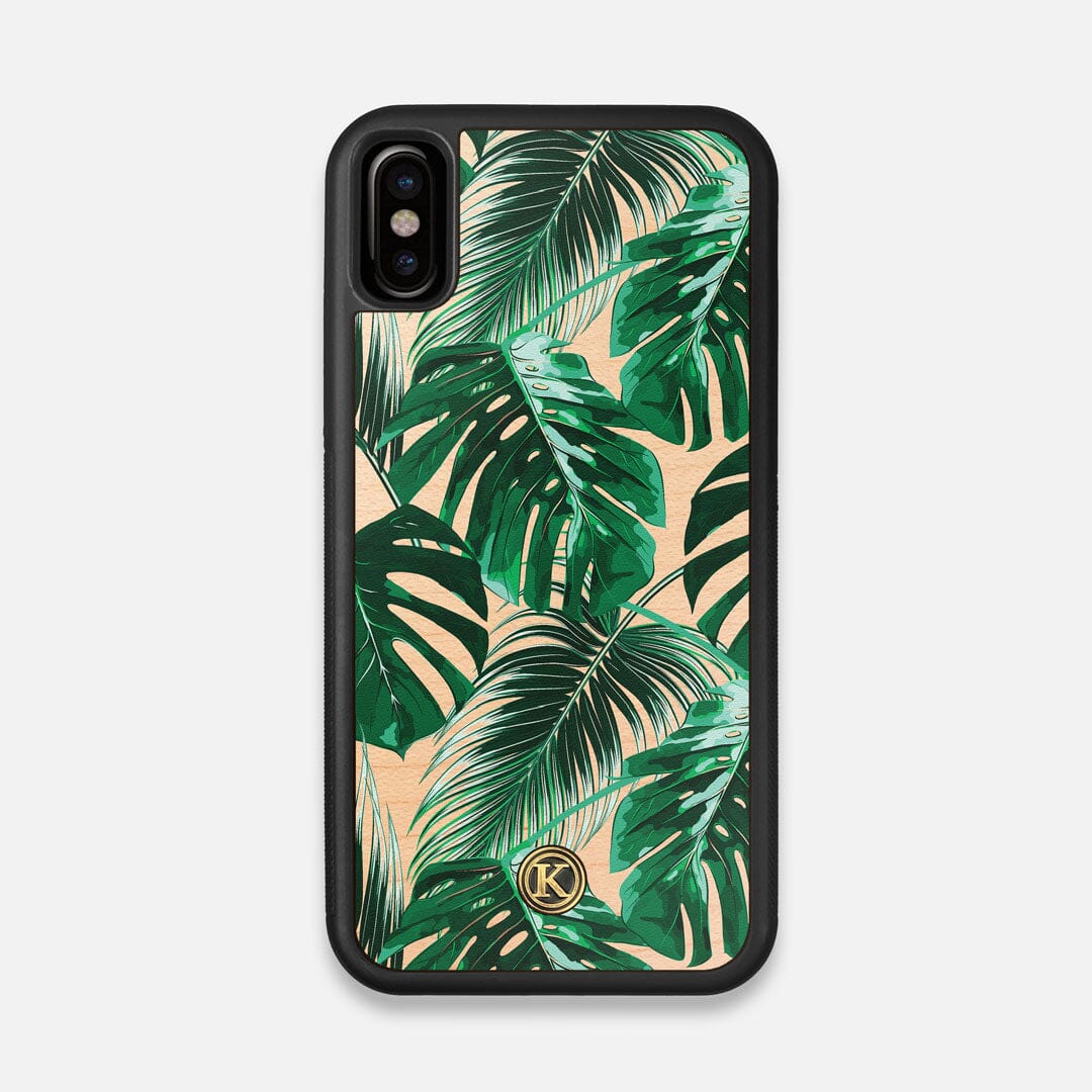 Front view of the Palm leaf printed Maple Wood iPhone X Case by Keyway Designs
