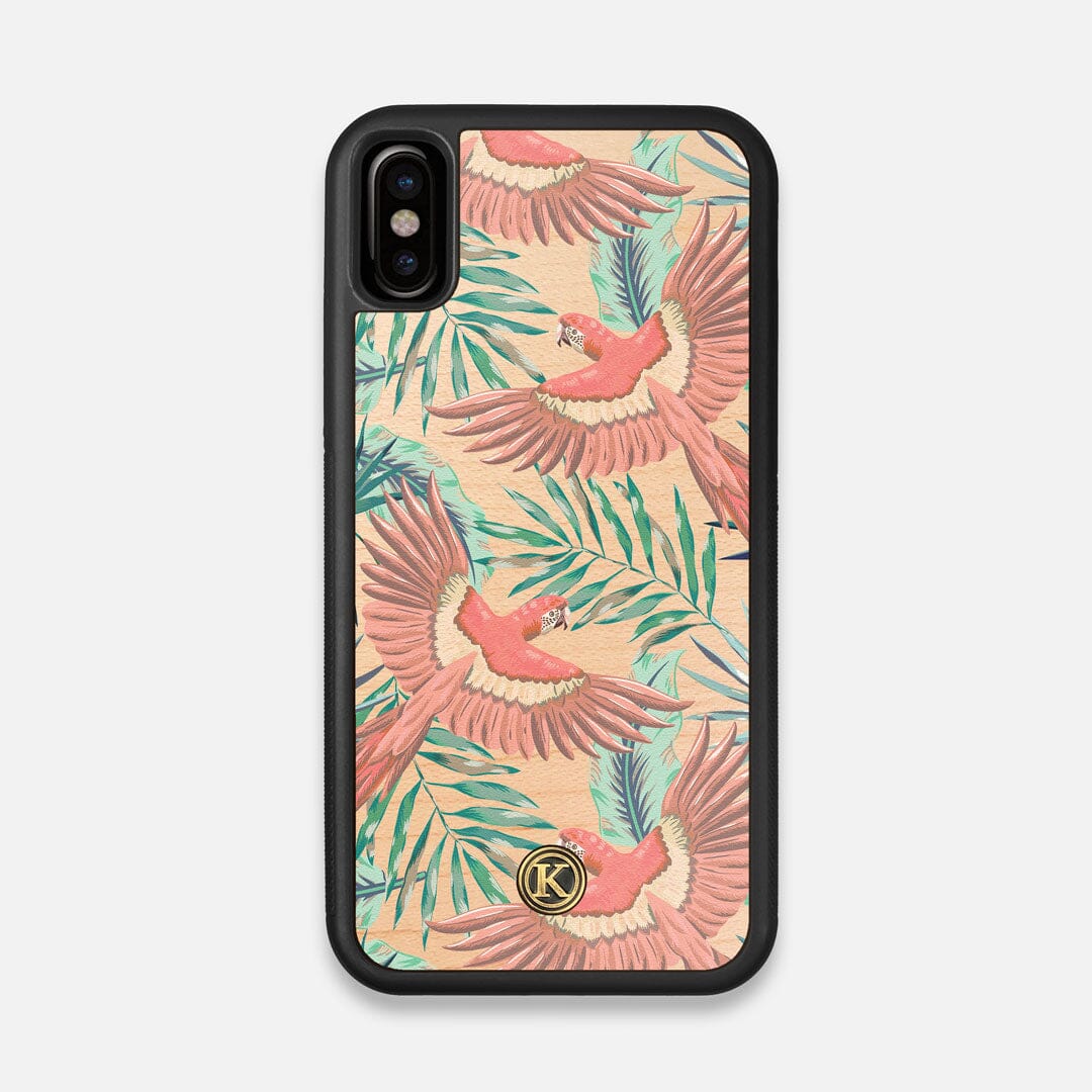 Front view of the Paradise Macaw and Tropical Leaf printed Maple Wood iPhone X Case by Keyway Designs