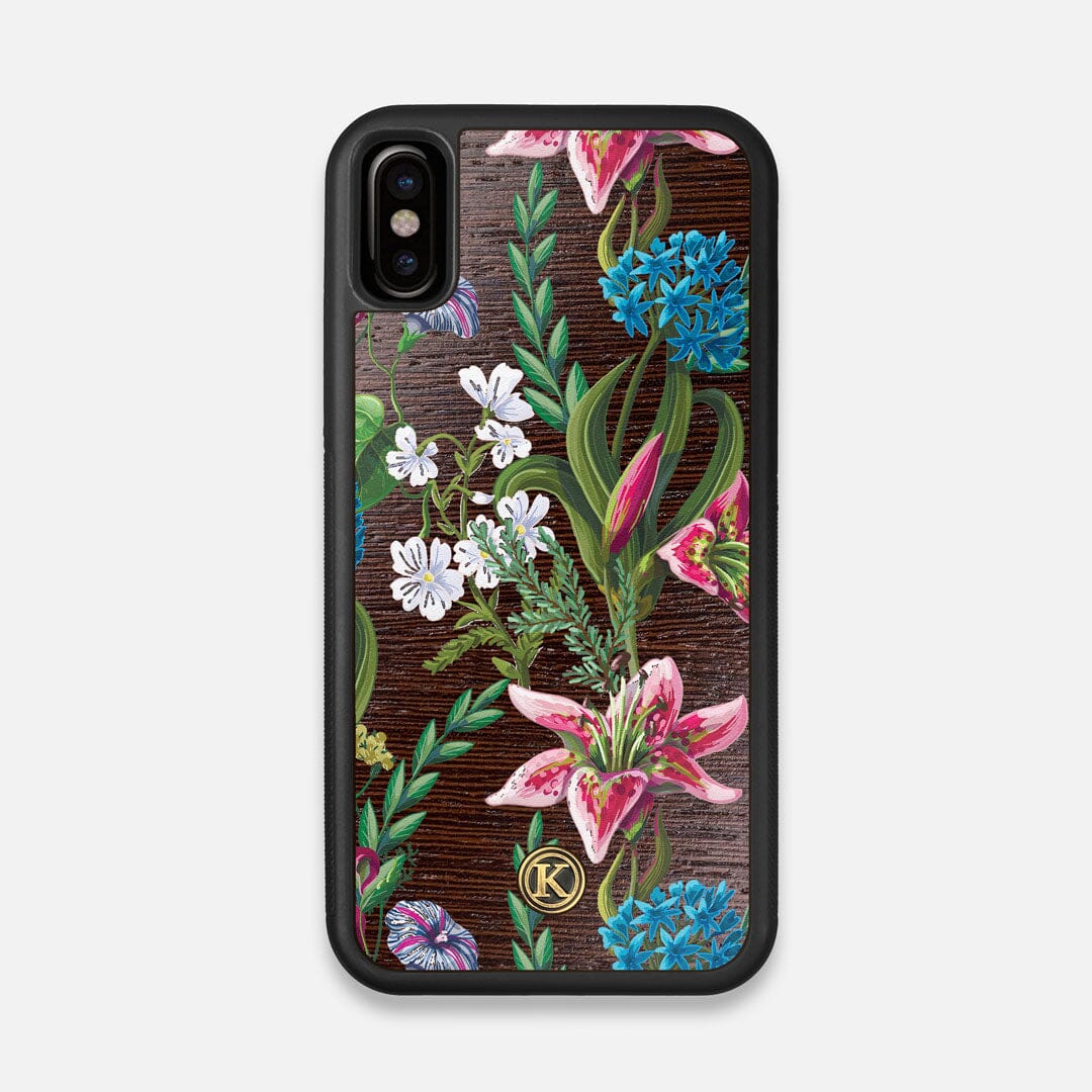 Front view of the Stargazer Lily printed Wenge Wood iPhone X Case by Keyway Designs