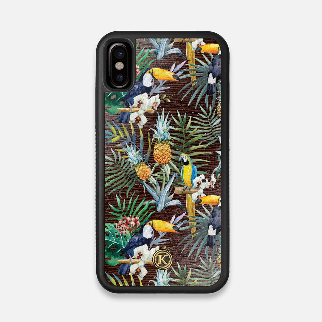 Front view of the Tropic Toucan and leaf printed Wenge Wood iPhone X Case by Keyway Designs