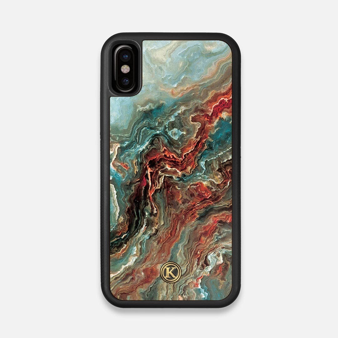 Front view of the vibrant and rich Red & Green flowing marble pattern printed Wenge Wood iPhone X Case by Keyway Designs