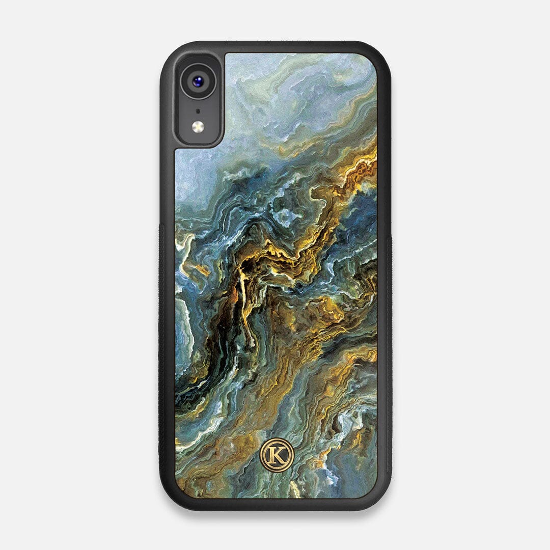 Front view of the vibrant and rich Blue & Gold flowing marble pattern printed Wenge Wood iPhone XR Case by Keyway Designs