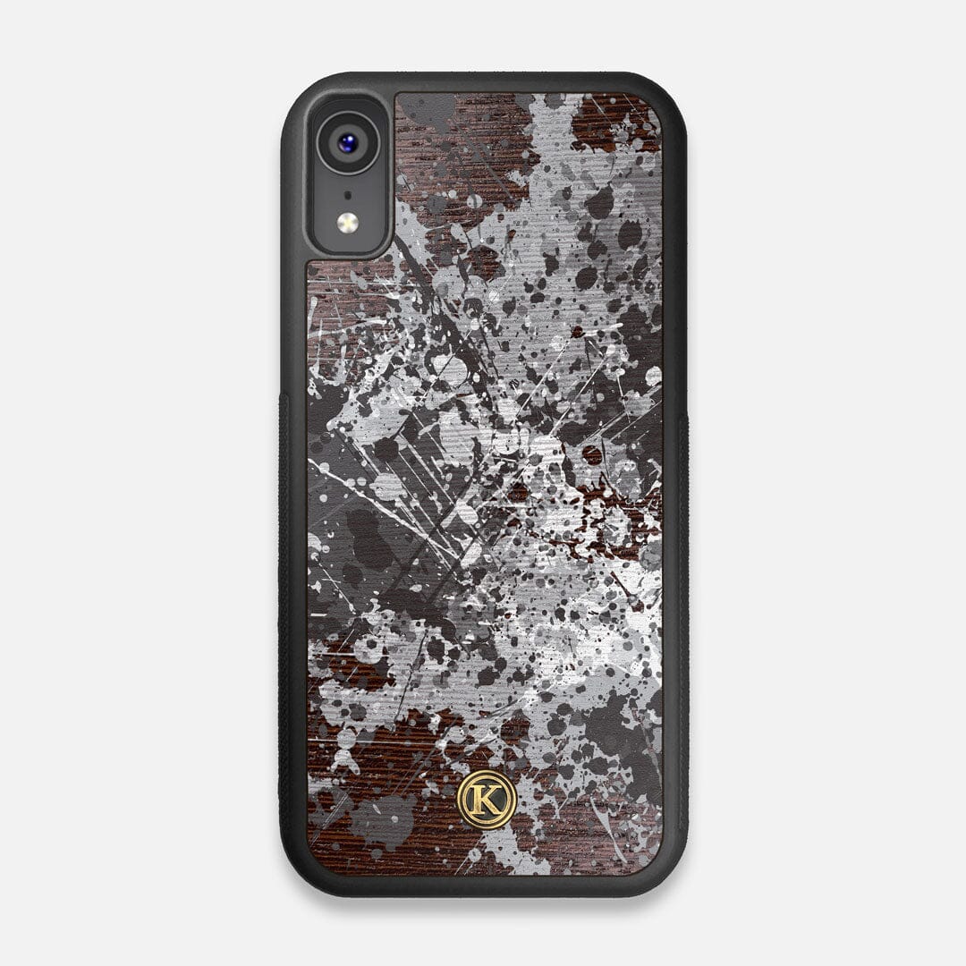 Front view of the aggressive, monochromatic splatter pattern overprintedprinted Wenge Wood iPhone XR Case by Keyway Designs