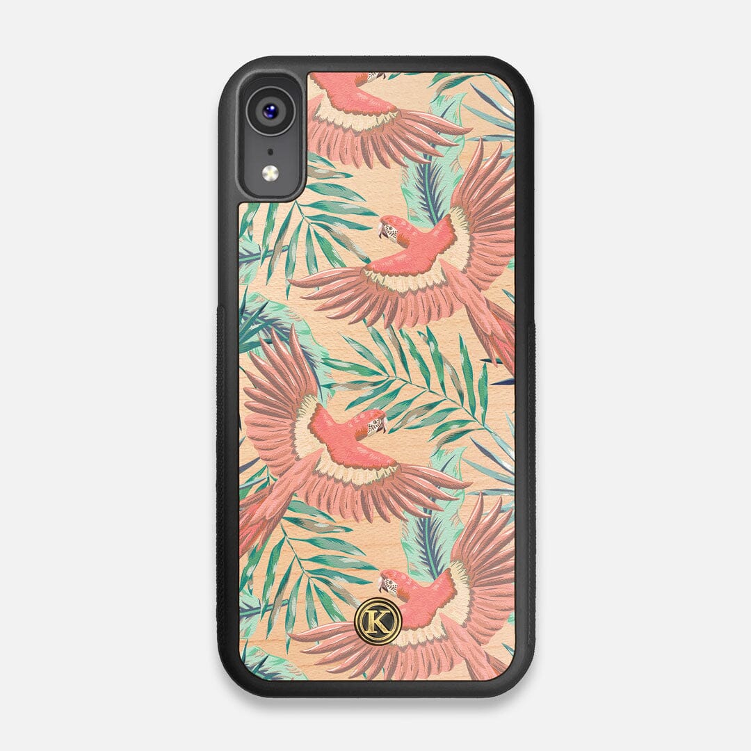 Front view of the Paradise Macaw and Tropical Leaf printed Maple Wood iPhone XR Case by Keyway Designs