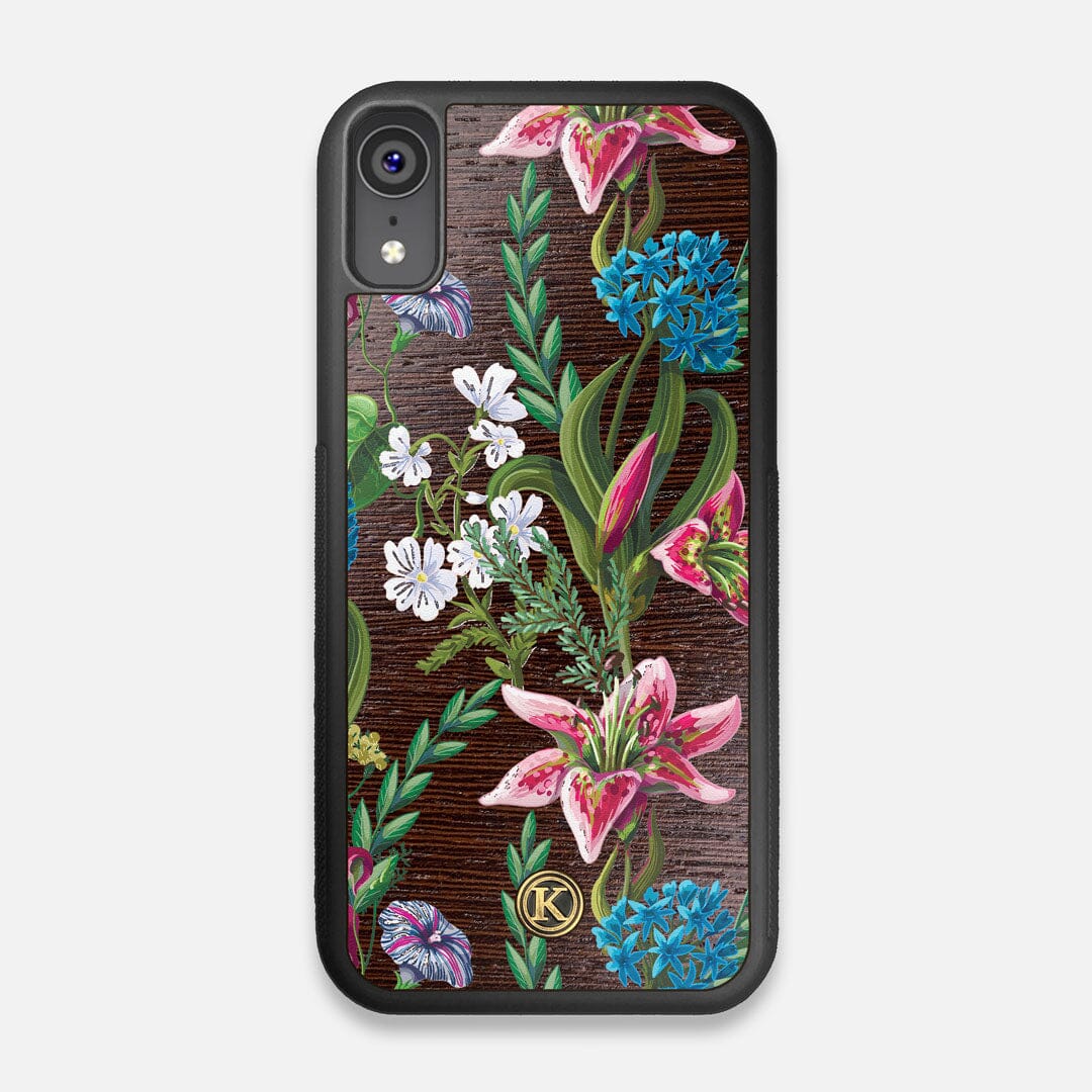 Front view of the Stargazer Lily printed Wenge Wood iPhone XR Case by Keyway Designs