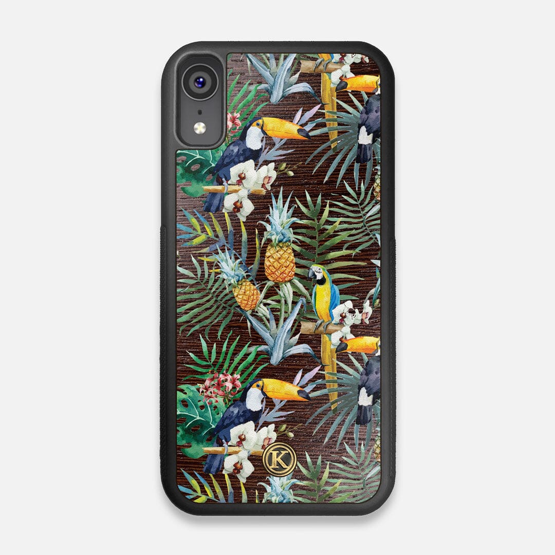 Front view of the Tropic Toucan and leaf printed Wenge Wood iPhone XR Case by Keyway Designs