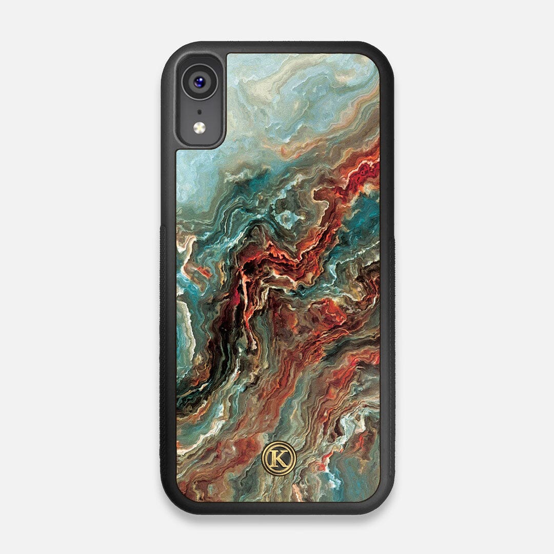Front view of the vibrant and rich Red & Green flowing marble pattern printed Wenge Wood iPhone XR Case by Keyway Designs