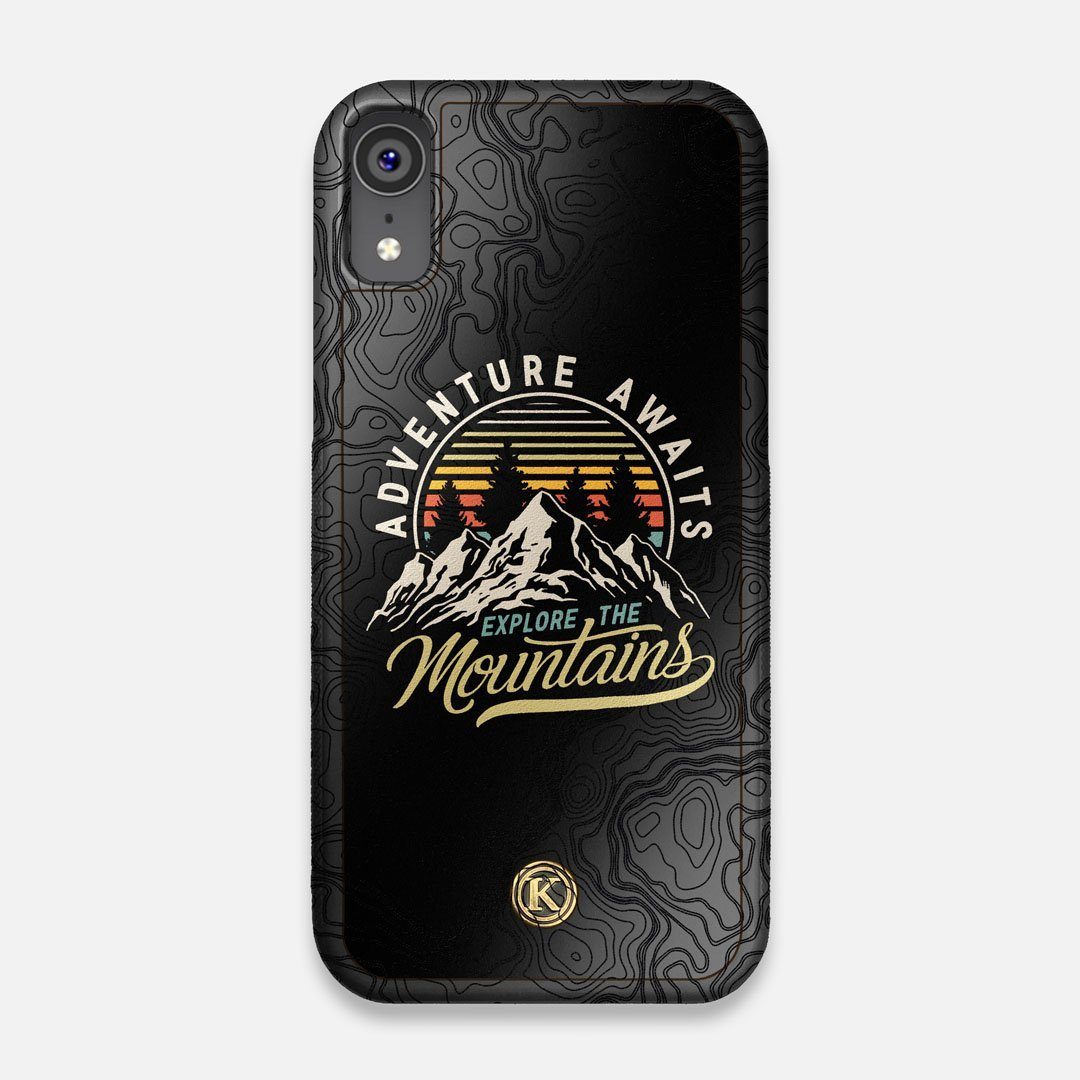 Front view of the crisp topographical map with Explorer badge printed on matte black impact acrylic iPhone XR Case by Keyway Designs