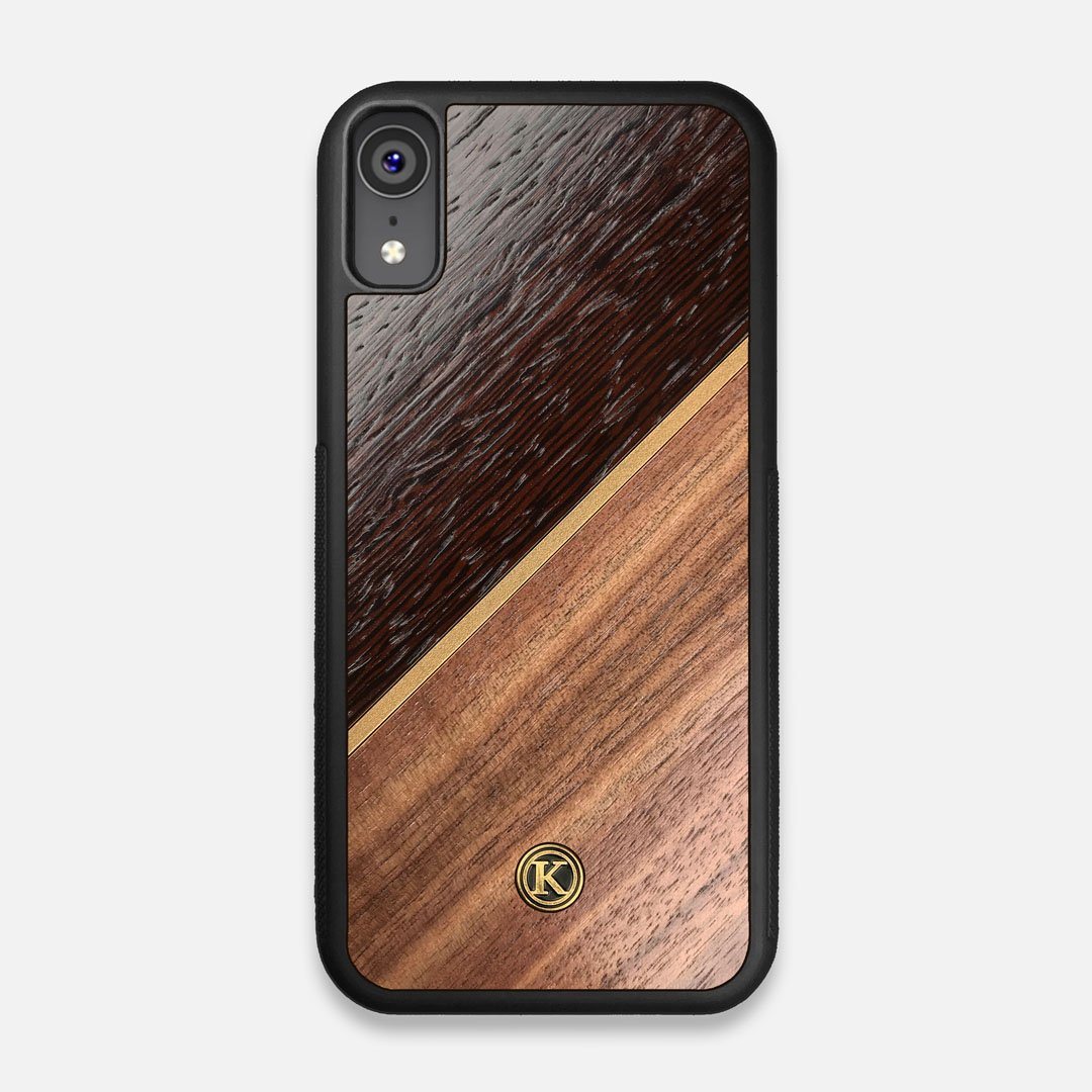 Front view of the Alium Walnut, Gold, and Wenge Elegant Wood iPhone XR Case by Keyway Designs