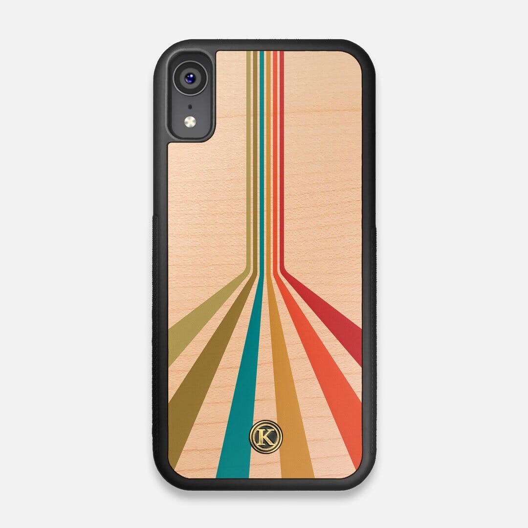 Front view of the array of colour beams splitting across the case printed on Maple wood iPhone XR Case by Keyway Designs