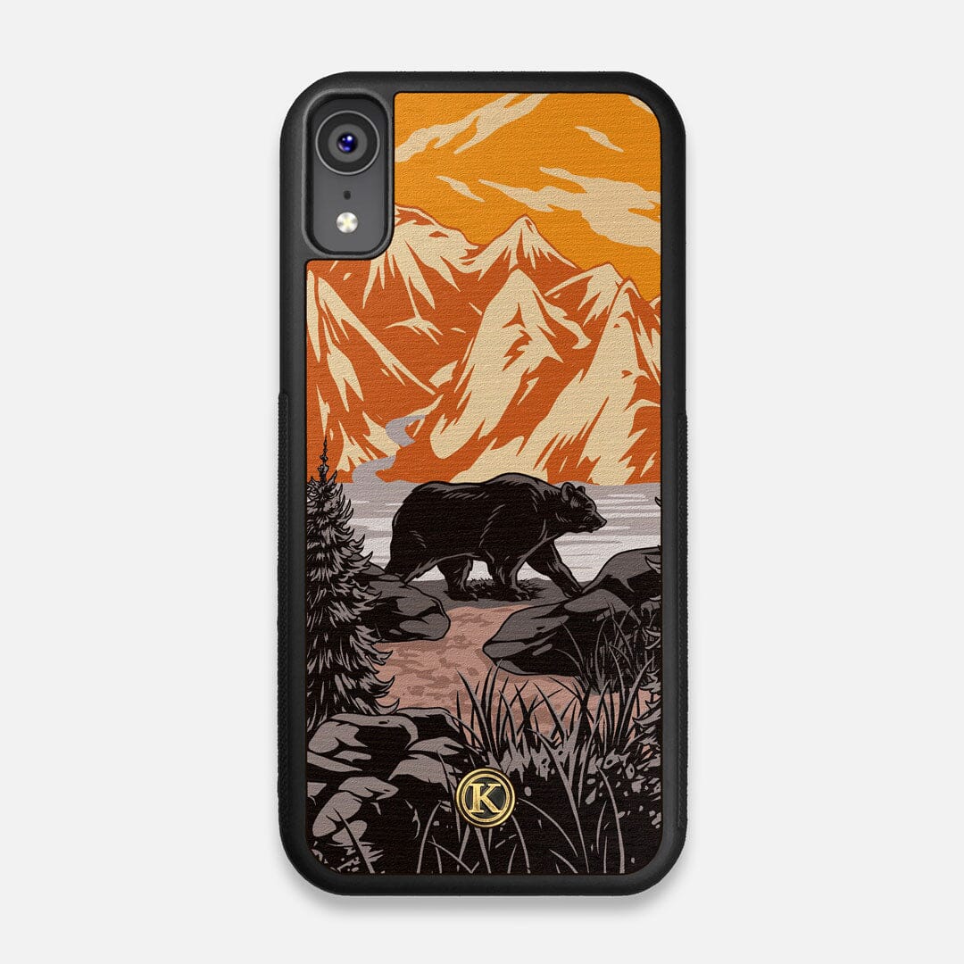 Front view of the stylized Kodiak bear in the mountains print on Wenge wood iPhone XR Case by Keyway Designs