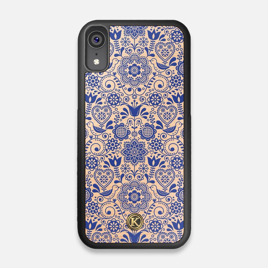 Front view of the blue floral pattern on maple wood iPhone XR Case by Keyway Designs