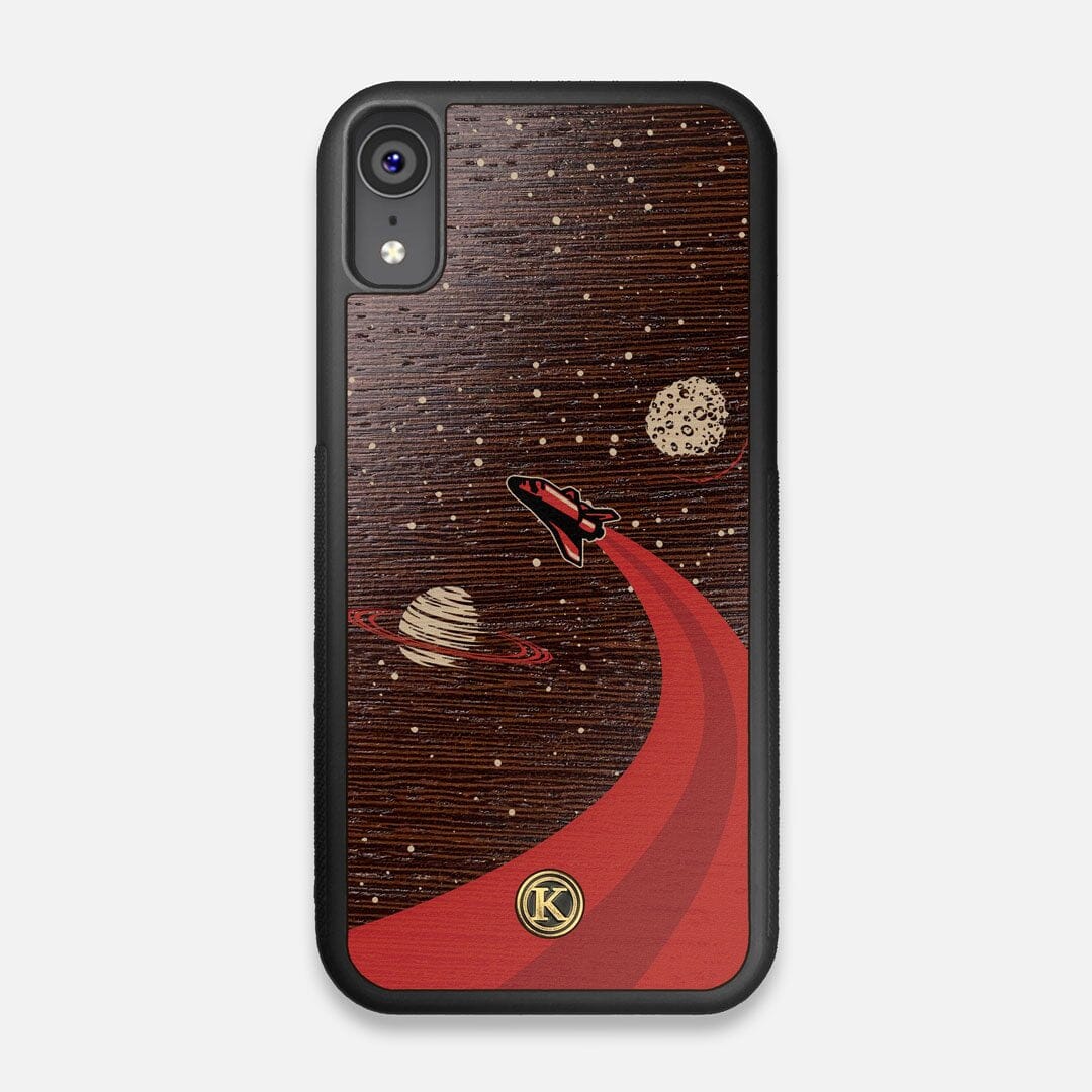 Front view of the stylized space shuttle boosting to saturn printed on Wenge wood iPhone XR Case by Keyway Designs
