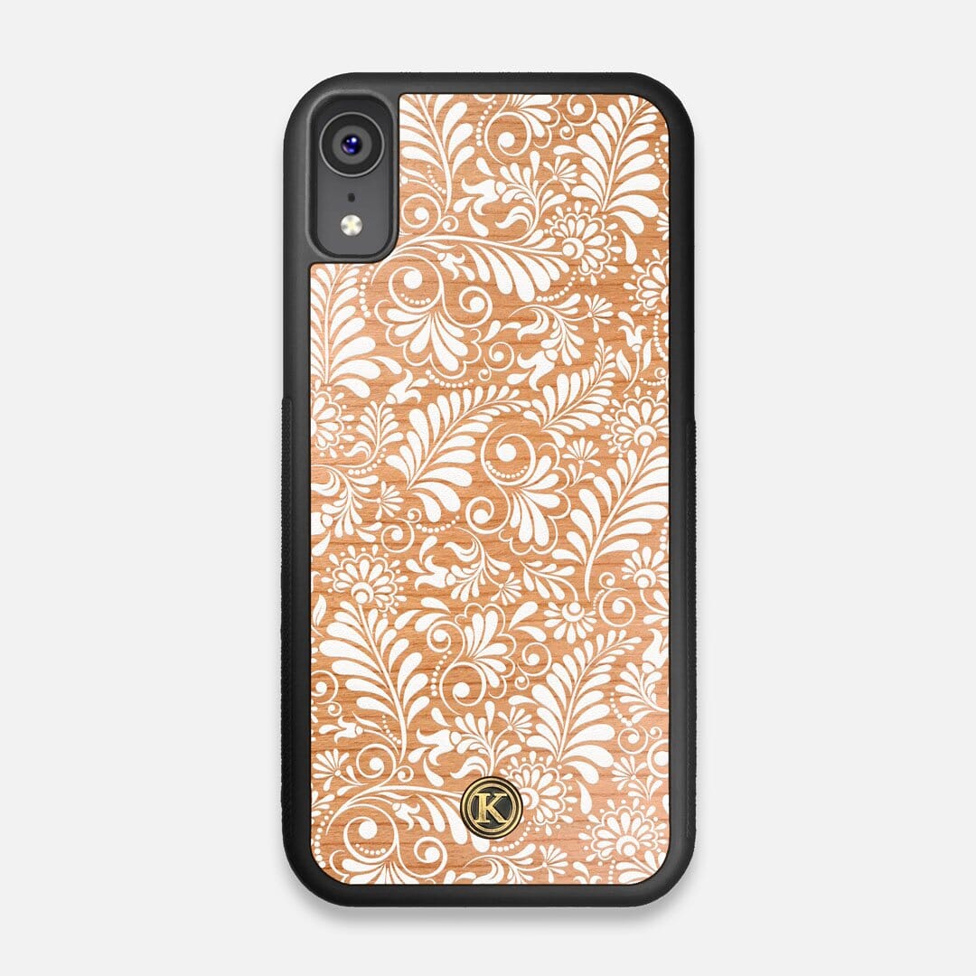 Front view of the white ink flowing botanical print on Cherry wood iPhone XR Case by Keyway Designs