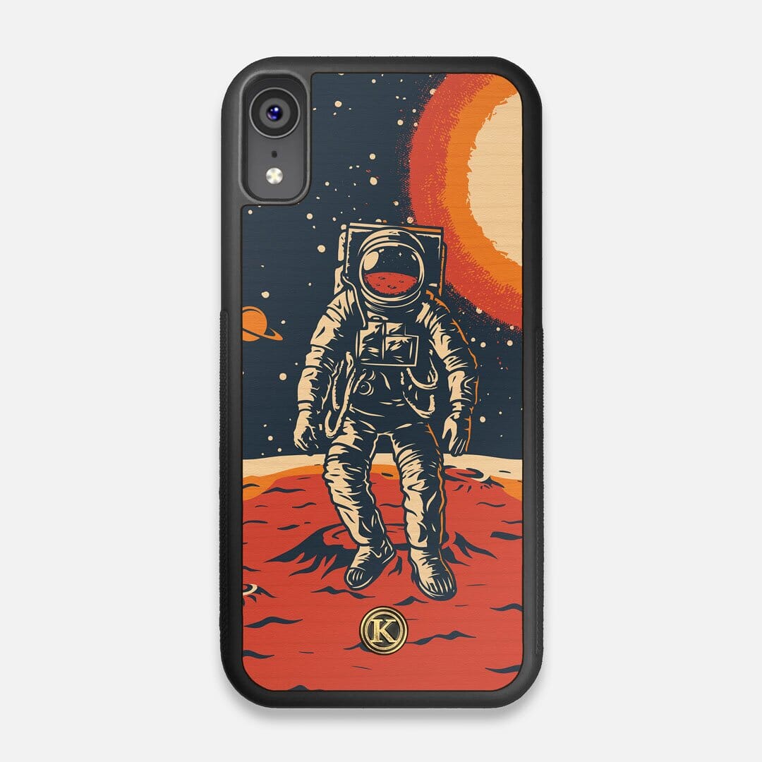 Front view of the stylized astronaut space-walk print on Cherry wood iPhone XR Case by Keyway Designs