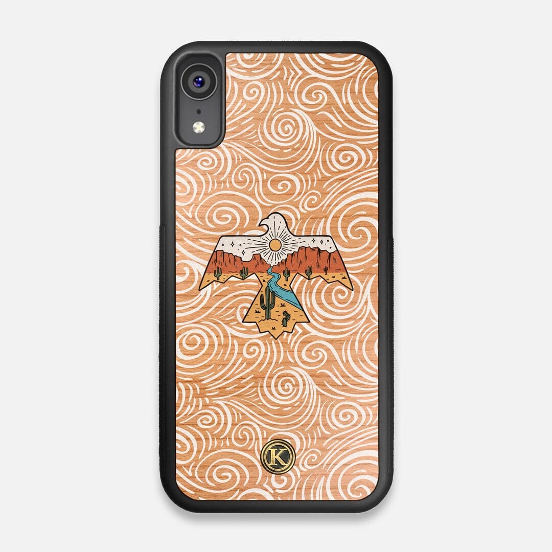 Front view of the double-exposure style eagle over flowing gusts of wind printed on Cherry wood iPhone XR Case by Keyway Designs