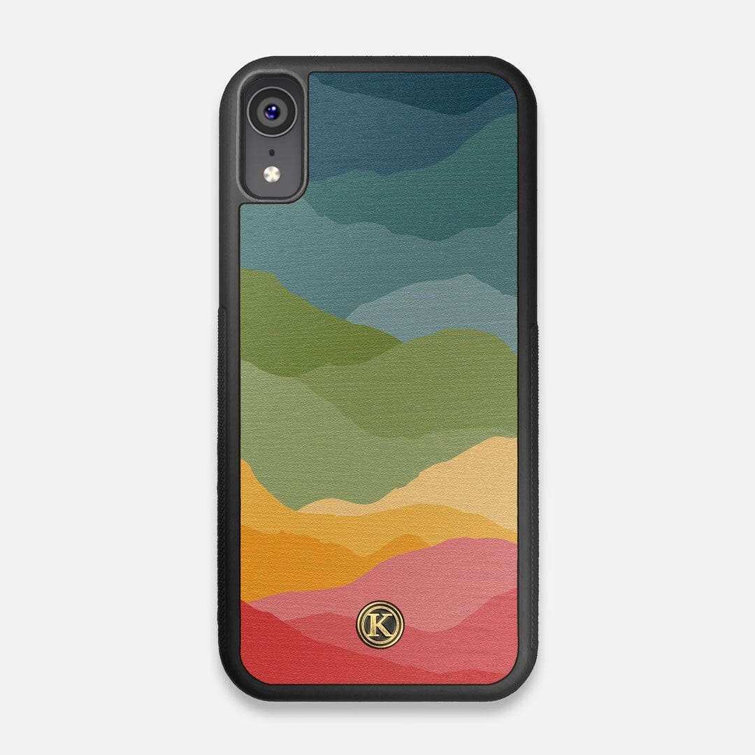 Front view of the vibrant flowing rainbow print on Wenge wood iPhone XR Case by Keyway Designs
