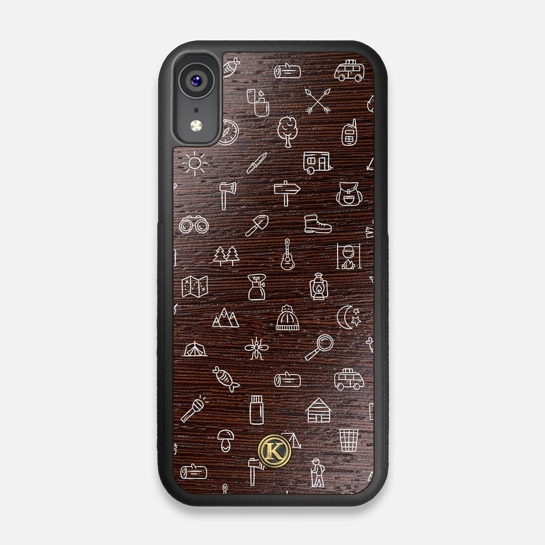 Front view of the fun detailed camping icon print on Wenge wood iPhone XR Case by Keyway Designs
