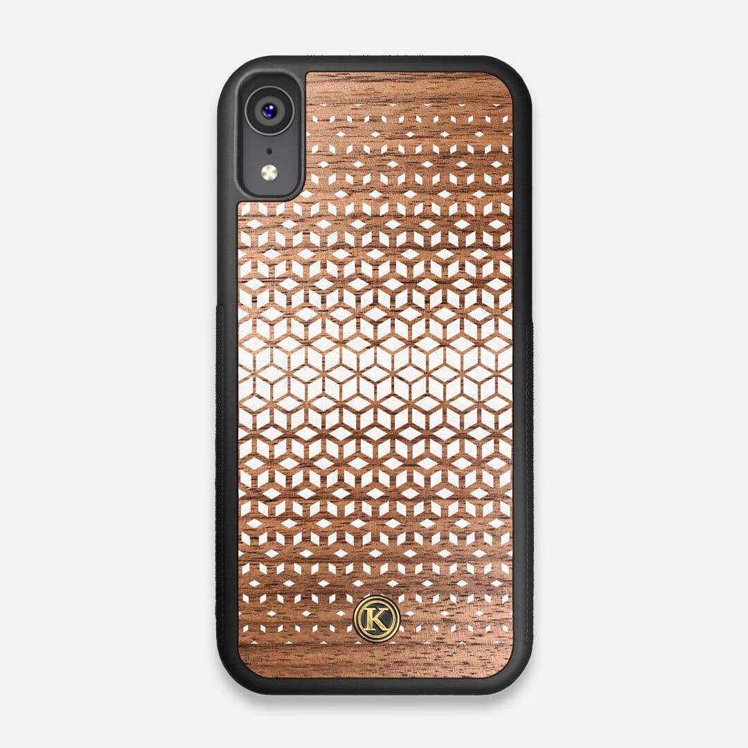 Front view of the white ink geometric gradient printed on Walnut wood iPhone XR Case by Keyway Designs