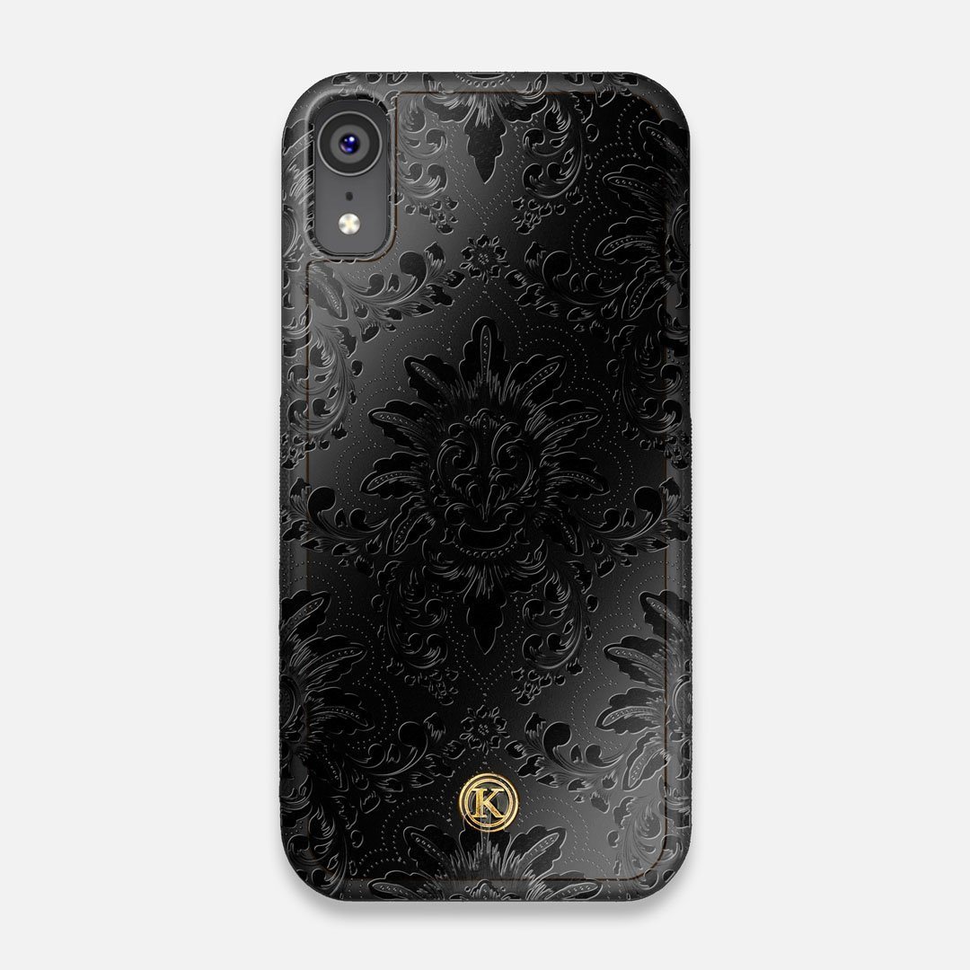 Front view of the detailed gloss Damask pattern printed on matte black impact acrylic iPhone XR Case by Keyway Designs