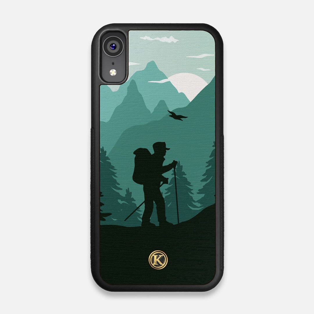 Front view of the stylized mountain hiker print on Wenge wood iPhone XR Case by Keyway Designs
