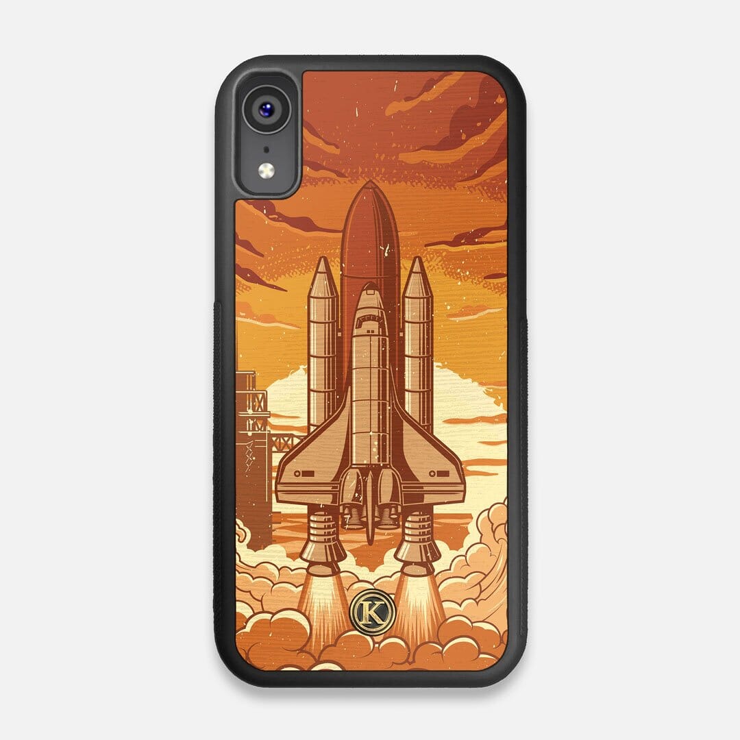 Front view of the vibrant stylized space shuttle launch print on Wenge wood iPhone XR Case by Keyway Designs