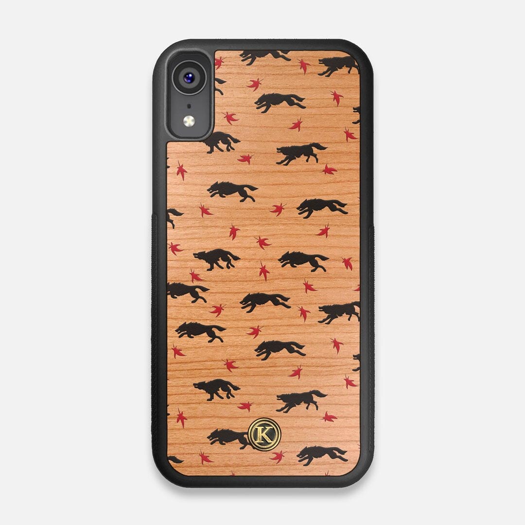 Front view of the unique pattern of wolves and Maple leaves printed on Cherry wood iPhone XR Case by Keyway Designs