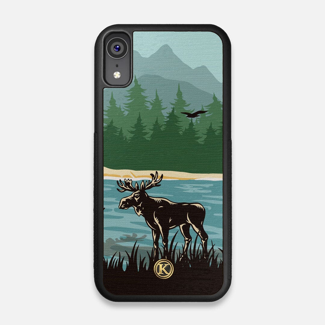 Front view of the stylized bull moose forest print on Wenge wood iPhone XR Case by Keyway Designs