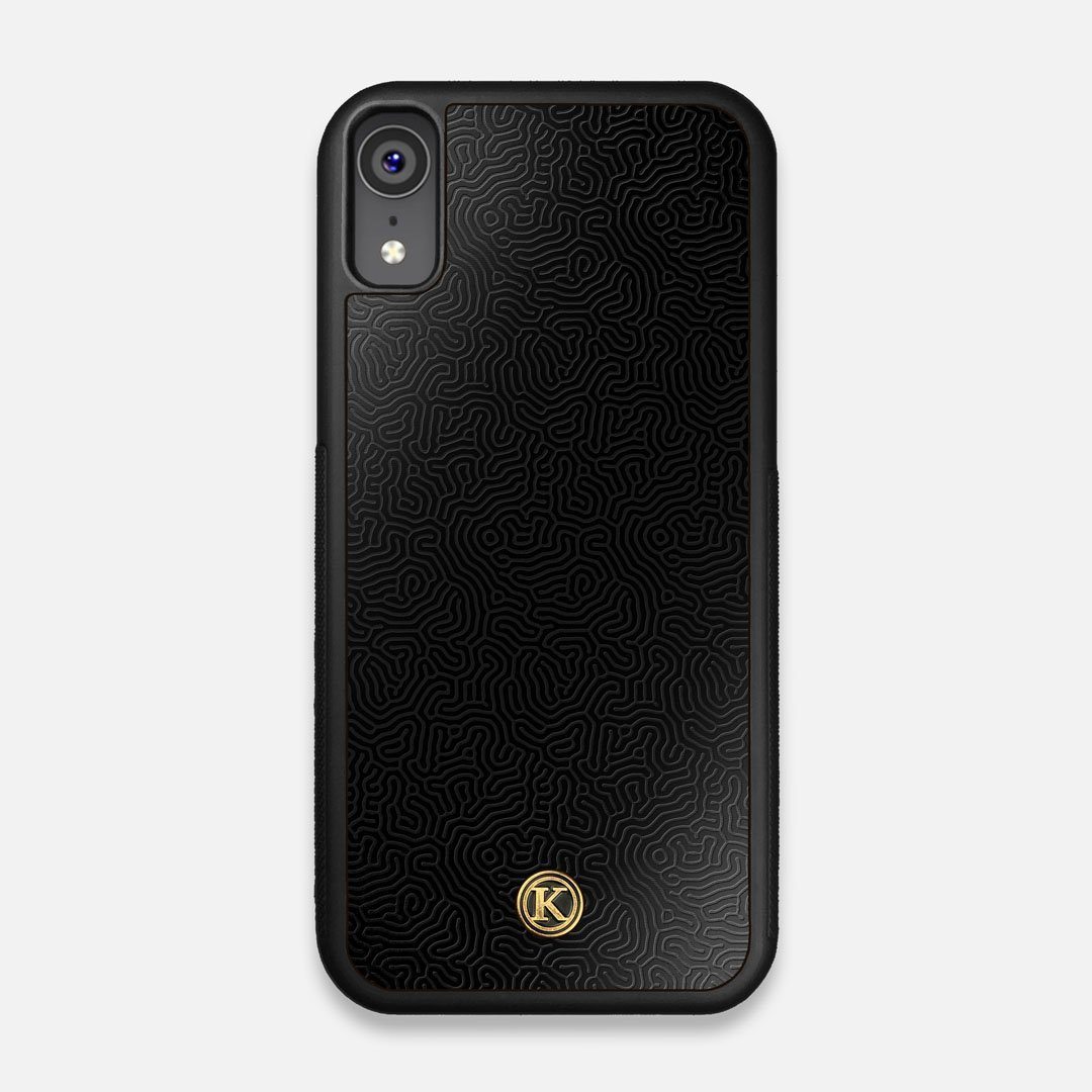 Front view of the highly detailed organic growth engraving on matte black impact acrylic iPhone XR Case by Keyway Designs