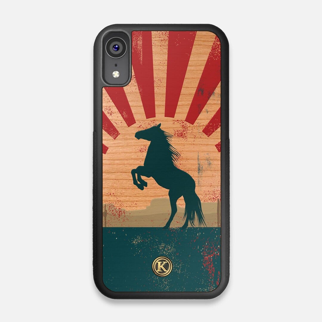 Front view of the epic mustang rearing up printed on Cherry wood iPhone XR Case by Keyway Designs