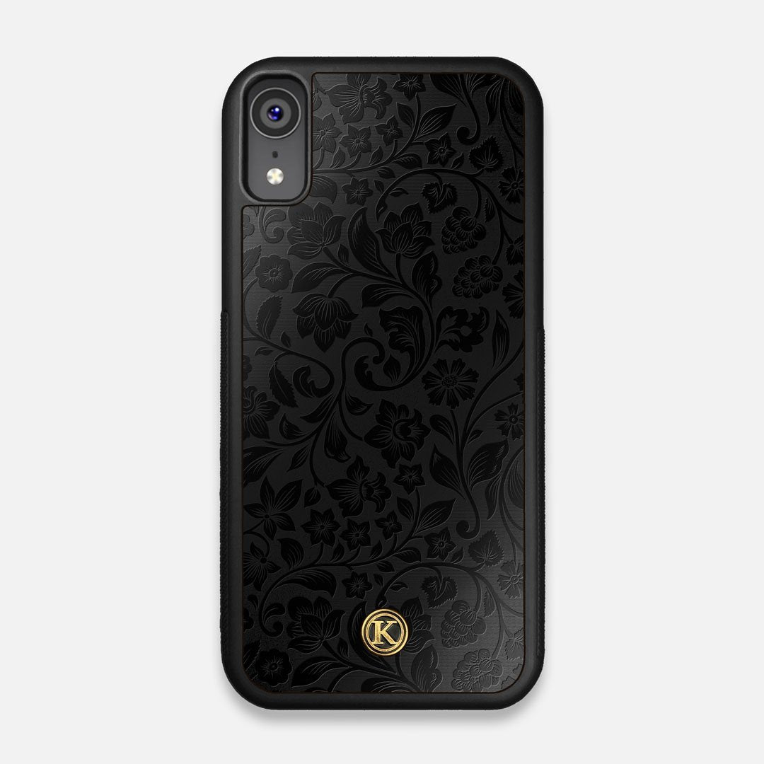 Front view of the highly detailed midnight floral engraving on matte black impact acrylic iPhone XR Case by Keyway Designs