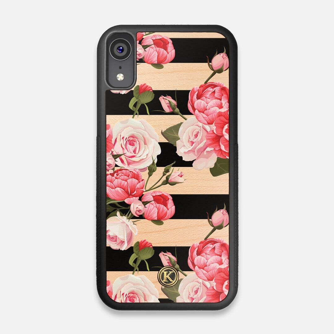 Front view of the artsy print of stripes with peonys and roses on Maple wood iPhone XR Case by Keyway Designs
