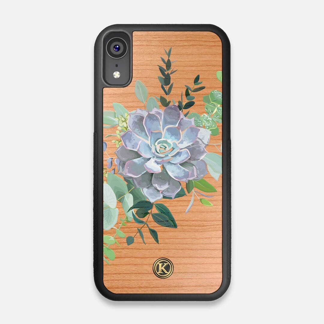 Front view of the print centering around a succulent, Echeveria Pollux on Cherry wood iPhone XR Case by Keyway Designs
