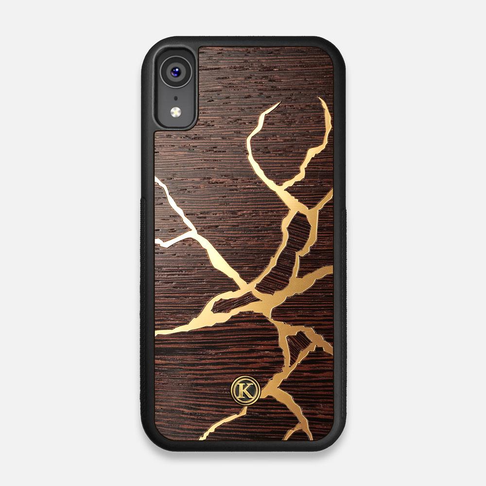 Front view of the Kintsugi inspired Gold and Wenge Wood iPhone XR Case by Keyway Designs