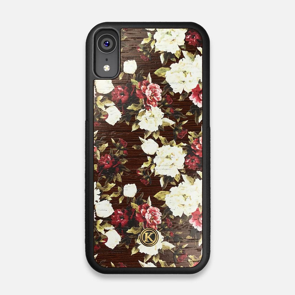 Front view of the Rose white and red rose printed Wenge Wood iPhone XR Case by Keyway Designs