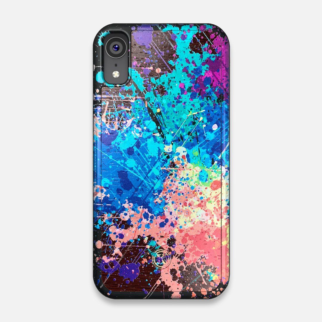 Front view of the realistic paint splatter 'Chroma' printed Wenge Wood iPhone XR Case by Keyway Designs