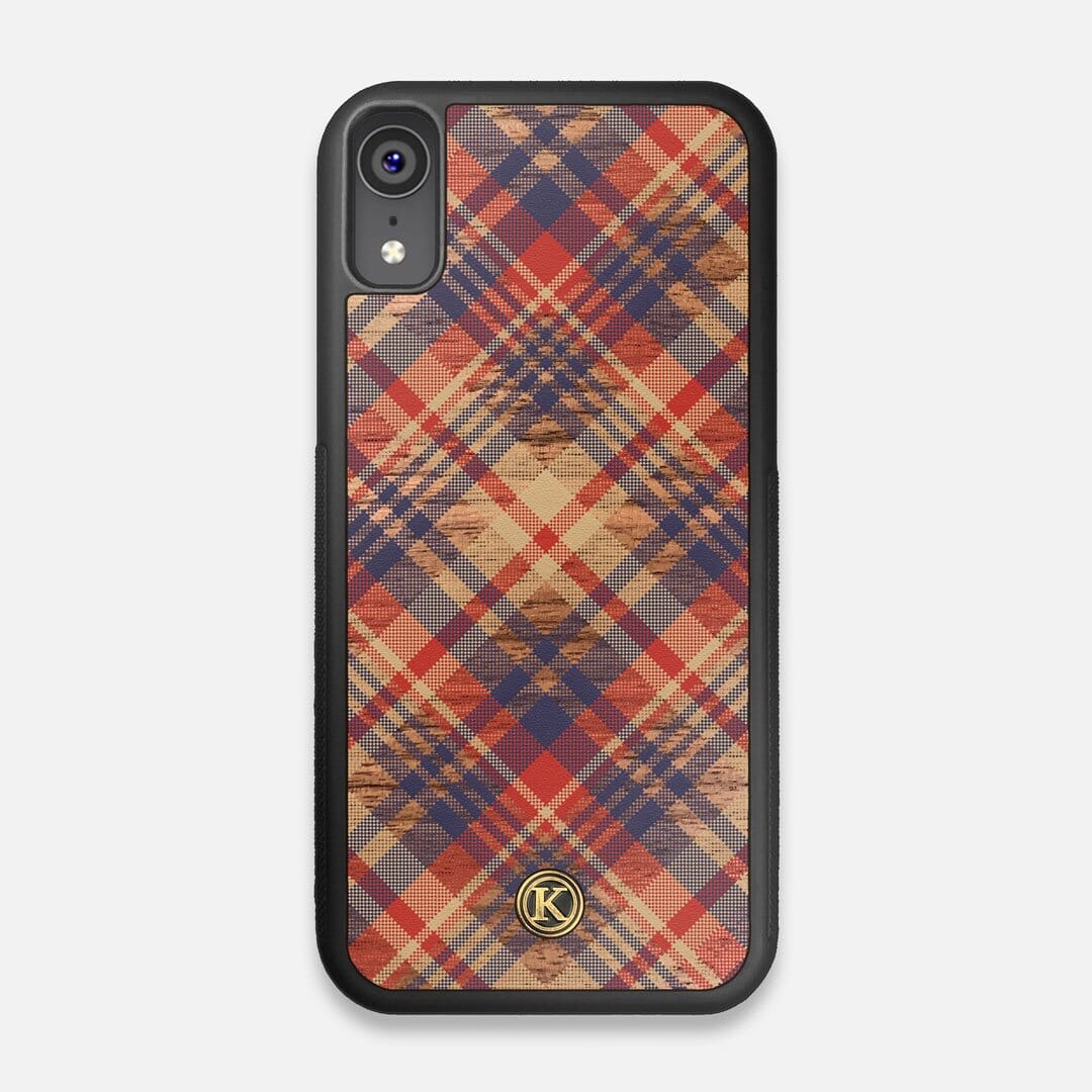 Front view of the Tartan print of beige, blue, and red on Walnut wood iPhone XR Case by Keyway Designs