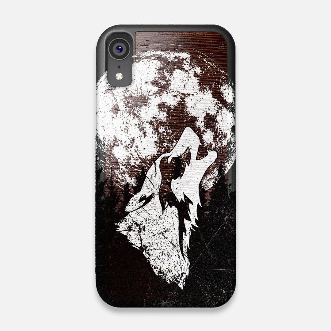 Front view of the high-contrast howling wolf on a full moon printed on a Wenge Wood iPhone XR Case by Keyway Designs