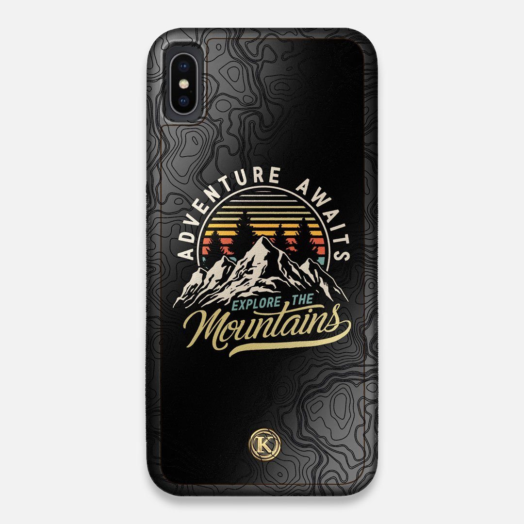 Front view of the crisp topographical map with Explorer badge printed on matte black impact acrylic iPhone XS Max Case by Keyway Designs
