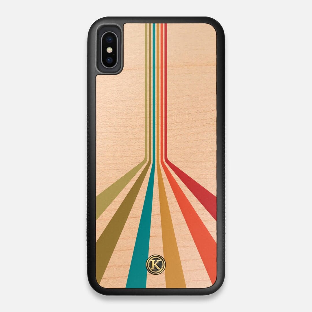 Front view of the array of colour beams splitting across the case printed on Maple wood iPhone XS Max Case by Keyway Designs