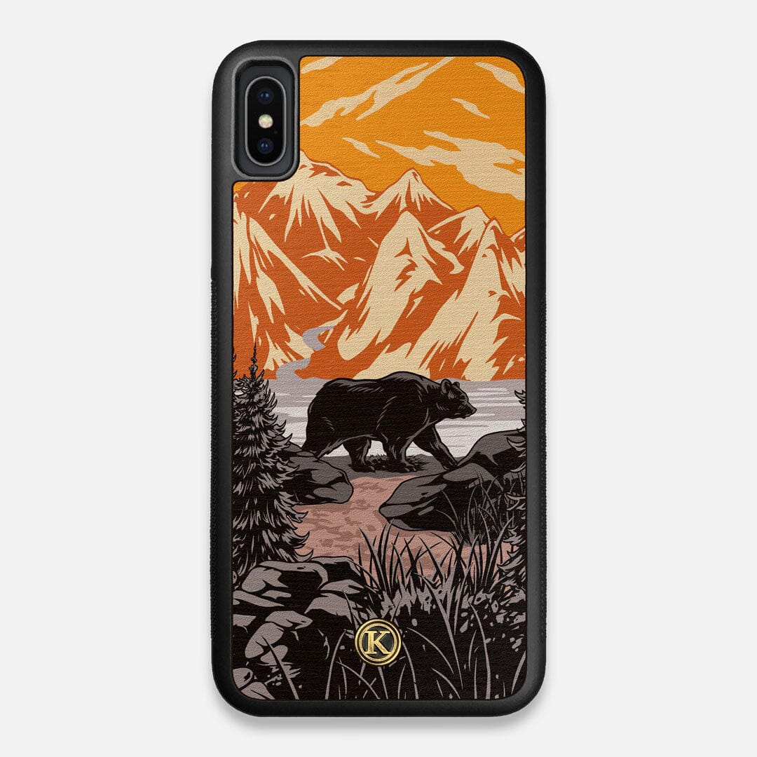 Front view of the stylized Kodiak bear in the mountains print on Wenge wood iPhone XS Max Case by Keyway Designs