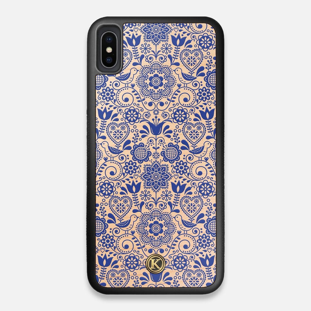 Front view of the blue floral pattern on maple wood iPhone XS Max Case by Keyway Designs