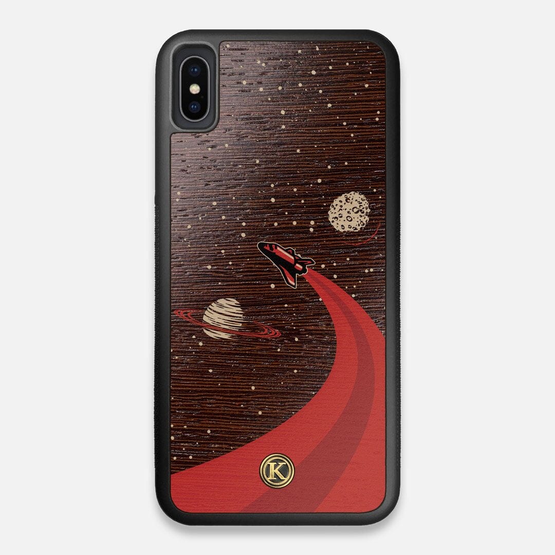 Front view of the stylized space shuttle boosting to saturn printed on Wenge wood iPhone XS Max Case by Keyway Designs