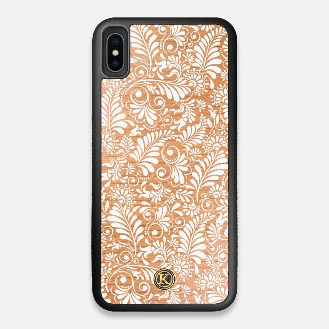 Front view of the white ink flowing botanical print on Cherry wood iPhone XS Max Case by Keyway Designs