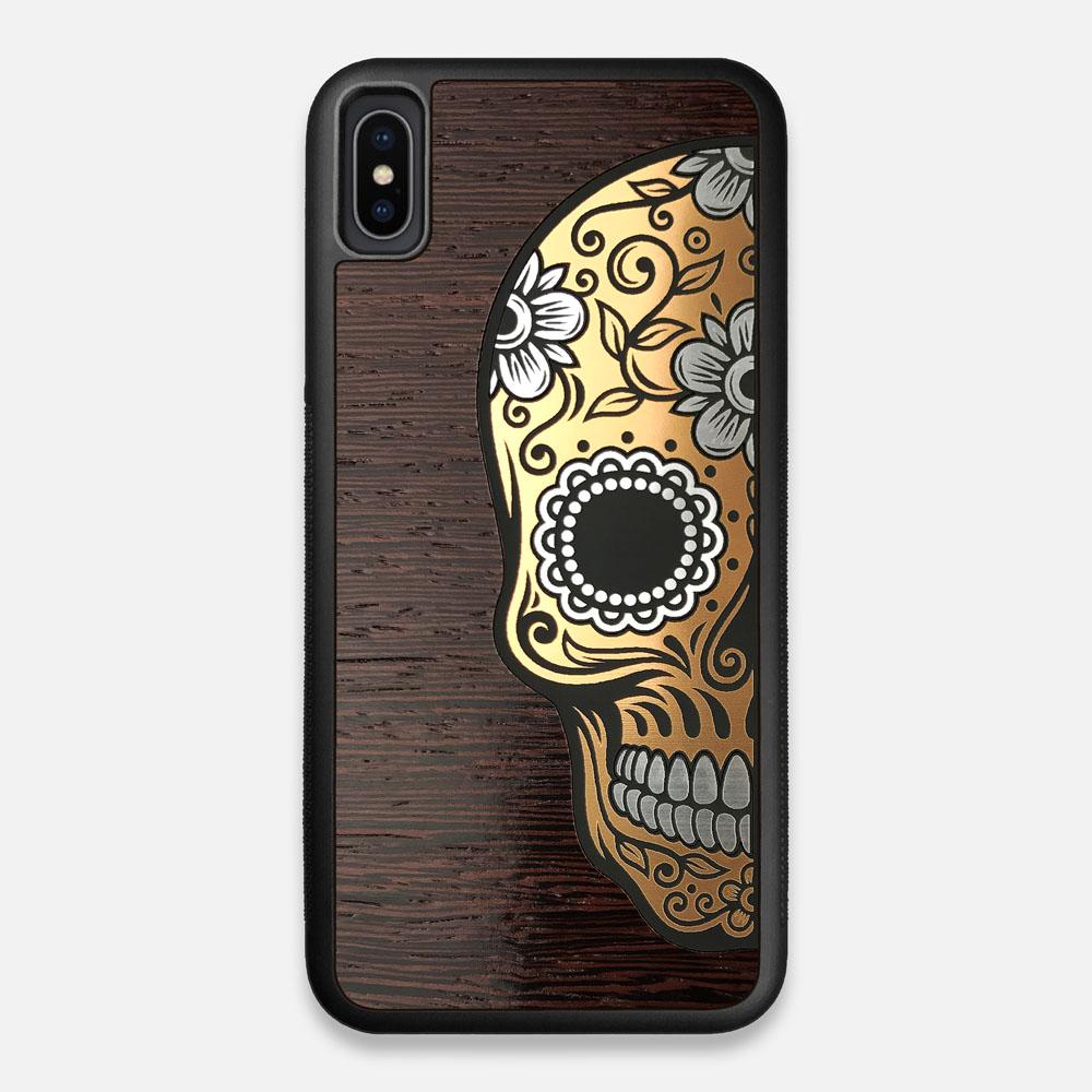 Front view of the Calavera Wood Sugar Skull Wood iPhone XS Max Case by Keyway Designs