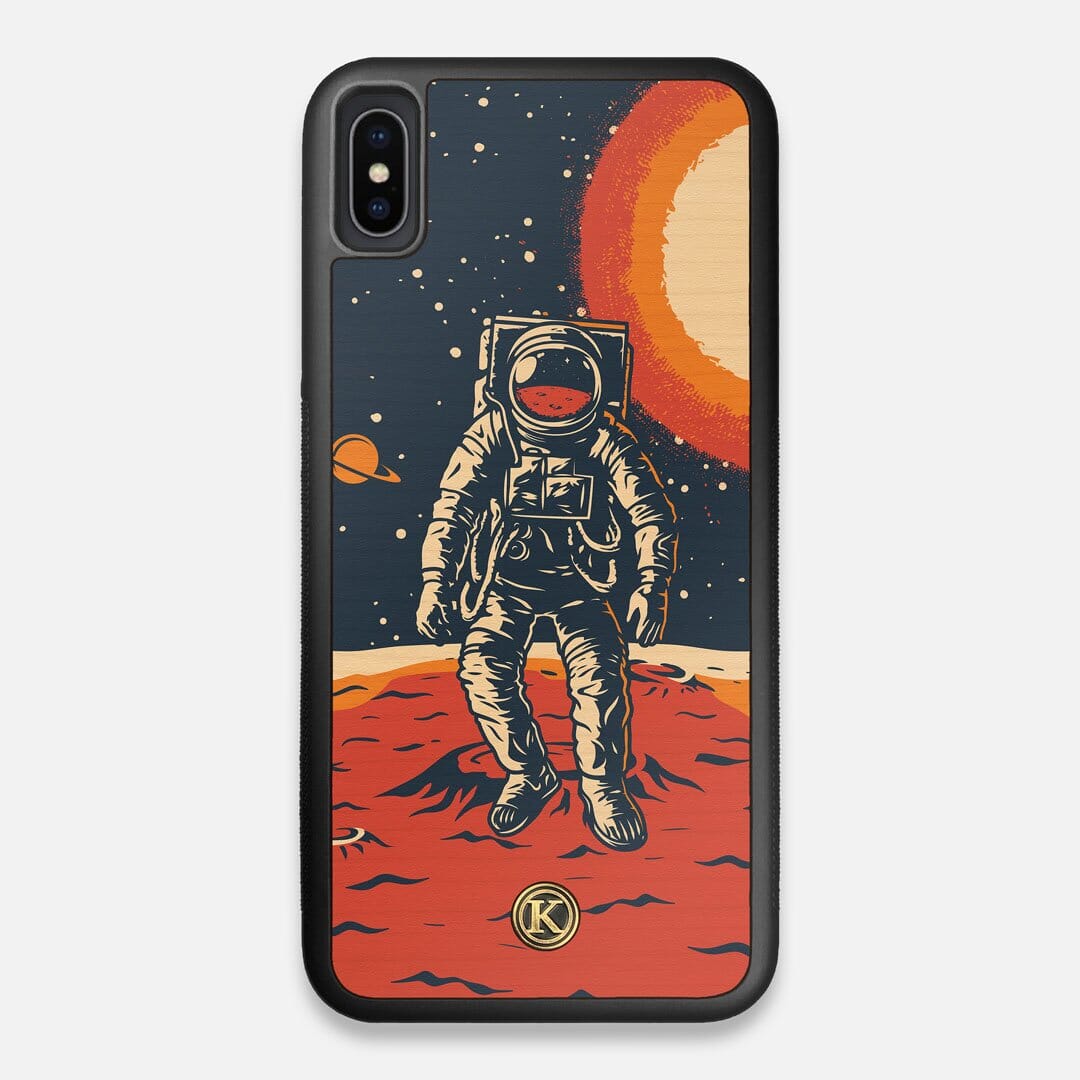 Front view of the stylized astronaut space-walk print on Cherry wood iPhone XS Max Case by Keyway Designs