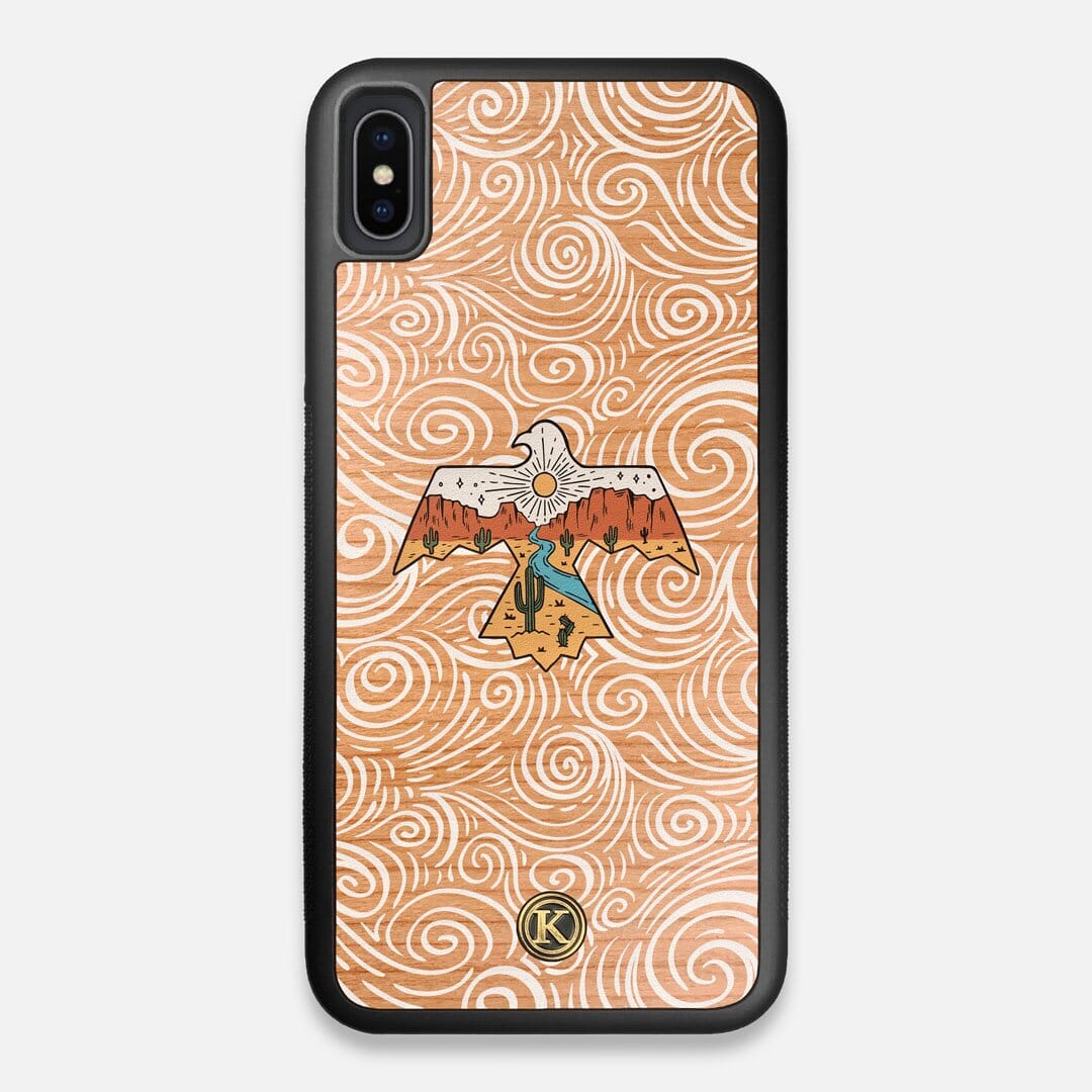 Front view of the double-exposure style eagle over flowing gusts of wind printed on Cherry wood iPhone XS Max Case by Keyway Designs
