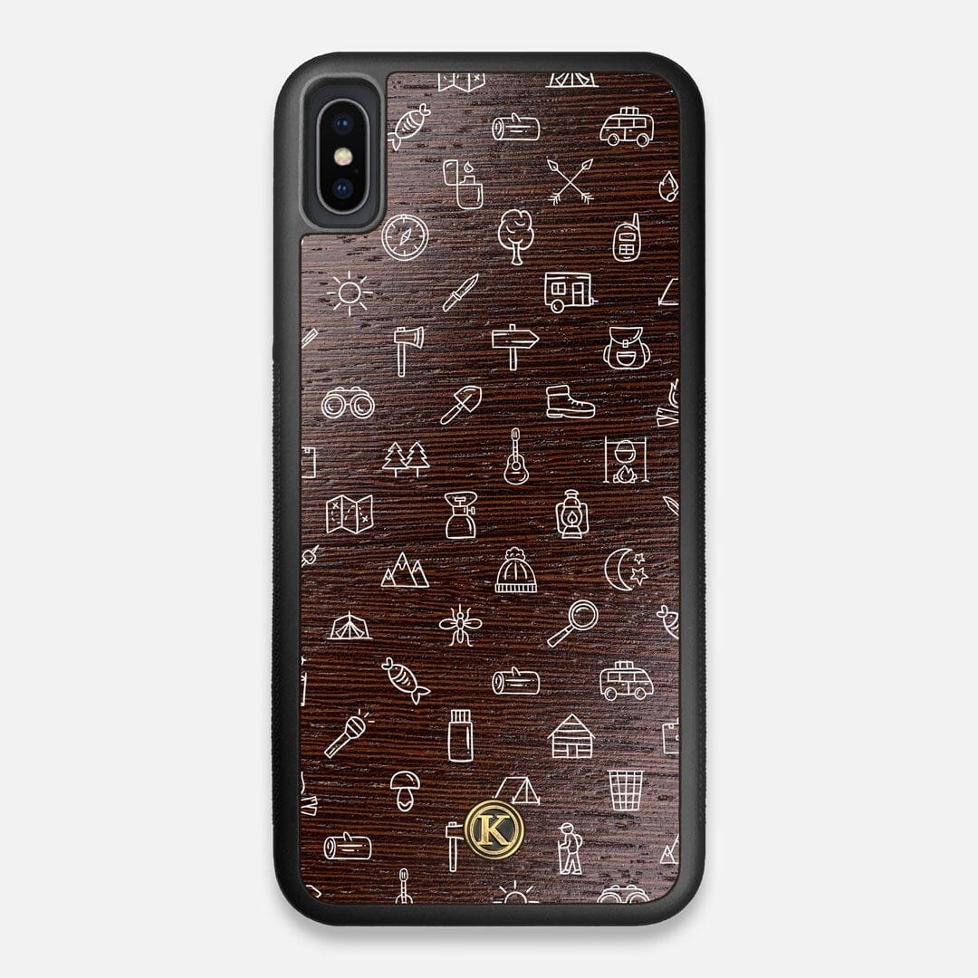 Front view of the fun detailed camping icon print on Wenge wood iPhone XS Max Case by Keyway Designs